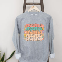 Įkelti vaizdą į galerijos rodinį, Pilkas džemperis mamai. Retro stiliaus užrašai, pastelinės spalvos, retro simboliai, su gėlėmis