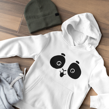 Load image into Gallery viewer, Baltas džemperis su Panda. Vaikiškas džemperis panda. Su užrašu nugaroje jaučiuosi fantastiškai, atrodau pandastiškai.
