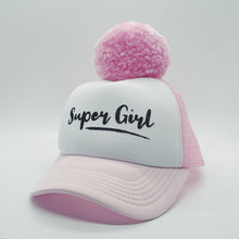 Load image into Gallery viewer, Rožinė kepurė SUPER GIRL su dideliu rožiniu bumbulu
